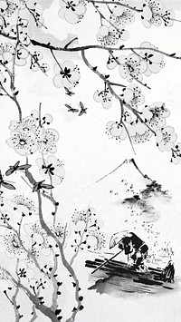 Japanese cherry blossom iPhone wallpaper, vintage illustration. Remixed by rawpixel.