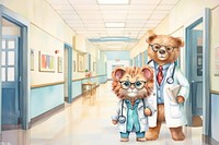 Hospital doctor, animal watercolor illustration