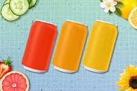 Colorful soda cans, drink packaging