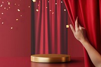 Red curtain product stand mockup psd