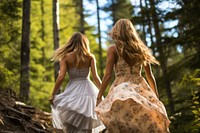 Two young women walking forest dress adult. AI generated Image by rawpixel.