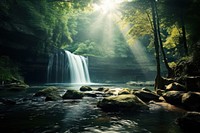 Beautiful waterfall landscape sunlight outdoors woodland. AI generated Image by rawpixel.