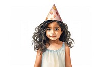Little brown girl wearing party hat watercolor child white background anniversary. AI generated Image by rawpixel.