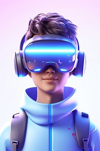 Character wearing AR headset portrait purple blue. 