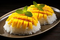 Mango sticky rice dessert fruit plate. AI generated Image by rawpixel.