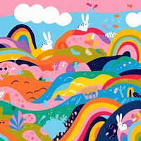 Vibrant rainbow and rabbit pattern painting graphics drawing. AI generated Image by rawpixel.