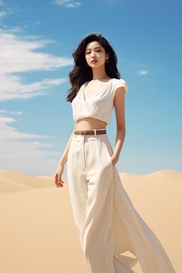Korean woman in a minimal white outfit fashion outdoors desert. AI generated Image by rawpixel.