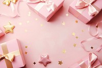 Pastel pink gifts with golden bows and ribbons placed on pink background near stars backgrounds box celebration. AI generated Image by rawpixel.