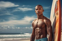South African man surfboard standing outdoors. AI generated Image by rawpixel.
