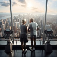 Elderly couples exercising building city gym. AI generated Image by rawpixel.