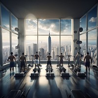 People lifting weights gym exercising treadmill. AI generated Image by rawpixel.