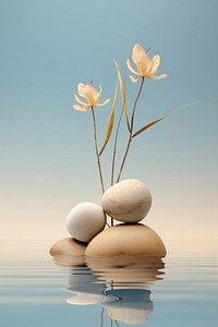 Two rocks and plants jutting into water flower blue sky. AI generated Image by rawpixel.