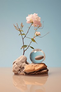 Two rocks and plants jutting into water flower vase blue. AI generated Image by rawpixel.