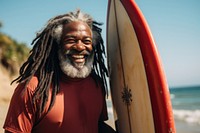Black uncle surfing laughing outdoors. AI generated Image by rawpixel.