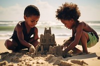 Black kids building sand castle outdoors summer nature. 