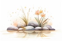 Two rocks and plants jutting into water flower white background tranquility. 