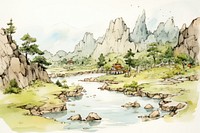 Valley sketch wilderness landscape. AI generated Image by rawpixel.