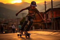 Colombian kid skateboard skating city. 