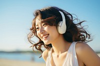 Japanese woman party photography headphones listening. 