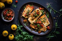 Grilled haloumi and tomato bruschetta grilled fruit plate. AI generated Image by rawpixel.