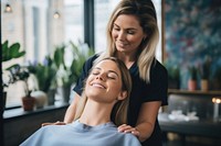 On-site massage adult smile togetherness. AI generated Image by rawpixel.