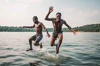 African American swimming jumping sports. AI generated Image by rawpixel.