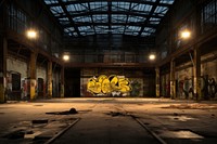 Abandoned factory building with many graffiti on the walls at night architecture abandoned old. 