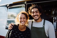 A multiracial couple in front of food truck laughing smiling adult. AI generated Image by rawpixel.