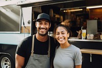 A multiracial couple in front of food truck portrait smiling working. AI generated Image by rawpixel.