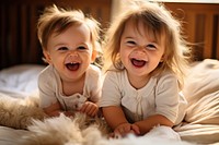 2 smiling cute babies laughing bedroom child. AI generated Image by rawpixel.
