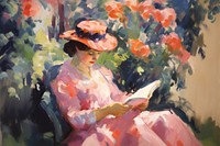 Woman readin book in garden painting reading adult. AI generated Image by rawpixel.