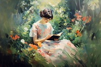 Woman readin book in garden painting outdoors reading. AI generated Image by rawpixel.