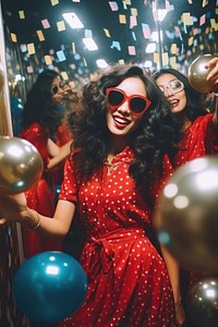 South east asia woman with friends party balloon glasses. 