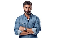 Man dressed in casual denim shirt portrait adult white background. AI generated Image by rawpixel.