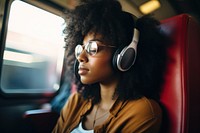 American woman sitting on a train with headphones on head glasses headset adult. AI generated Image by rawpixel.
