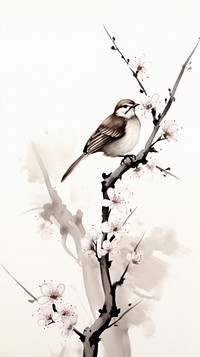 Bird perched on the plum blossom branch sparrow flower animal. AI generated Image by rawpixel.