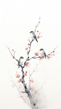 Birds perched on the peach branch flower plant creativity. 