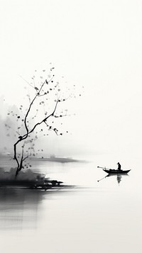 Fisherman on the boat with plum blossom branch silhouette outdoors vehicle. AI generated Image by rawpixel.