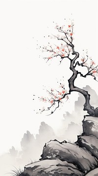 Plum blossom tree on the mountain cliff painting drawing sketch. AI generated Image by rawpixel.