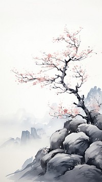 Plum blossom tree on the mountain cliff outdoors painting nature. AI generated Image by rawpixel.