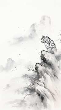 Tiger on the cliff mountain tiger wildlife drawing. AI generated Image by rawpixel.