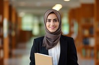 A smile student arab woman holding book portrait intelligence architecture. AI generated Image by rawpixel.