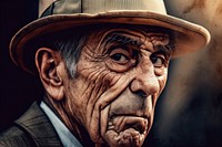 Close up drawing of scary looking Italian old boss smoking cigar wearing fedora portrait adult architecture. AI generated Image by rawpixel.