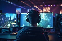 Man playing computer game headset monitor screen. AI generated Image by rawpixel.