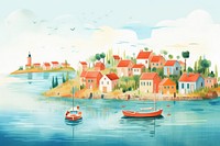 Coastal town waterfront landscape painting. AI generated Image by rawpixel.
