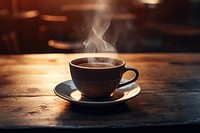 Hot cup of coffee on the table saucer drink mug. 