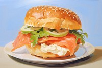 Plate of smoked salmon bagel painting bread food. AI generated Image by rawpixel.