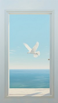 A white dove outside the window with seascape background flying bird architecture