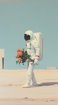 Astronaut walks the street with flower in hand architecture standing clothing. 