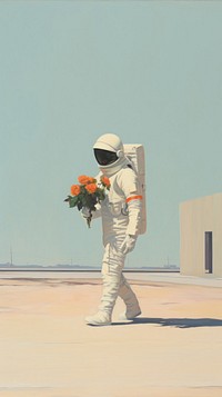 Astronaut walks the street with flower in hand architecture standing outdoors. 